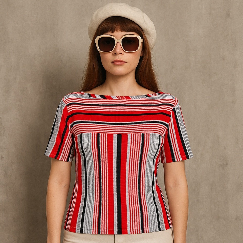 Lane Bryant Tall Shop 70s Striped Rib Knit Top Red Black White Vintage Size 12